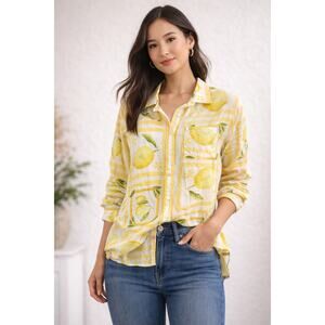 Calypso St. Barth Lemon Print Cotton Button Down Coastal Grandma Chic Sz M